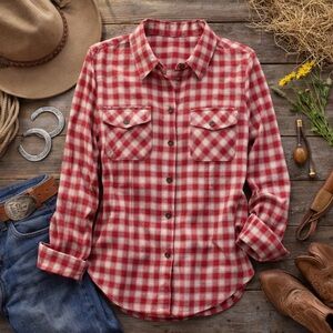 Gap Women's Red White Flannel Long Sleeve Button Down Shirt Top Sz M 100% Cotton